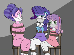 Size: 1280x956 | Tagged: safe, artist:reimon-master-ii, cookie crumbles, rarity, sweetie belle, human, equestria girls, g4, big breasts, blushing, bondage, bound and gagged, breasts, busty cookie crumbles, cloth gag, clothes, damsel in distress, equestria girls-ified, female, gag, help us, mother and child, mother and daughter, nightgown, over the nose gag, pajamas, rope, ropes, siblings, sisters, sleep mask, tied to chair, tied up, trio, trio female, worried
