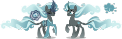 Size: 4000x1276 | Tagged: safe, artist:orin331, mistmane, umbrum, g4, alternate universe, clothes, curved horn, cutie mark, ethereal mane, ethereal tail, eye mist, eyes closed, glowing, glowing horn, horn, kimono (clothing), leonine tail, magic, magic aura, mistmane's flower, race swap, simple background, slit pupils, smiling, tail, telekinesis, transparent background
