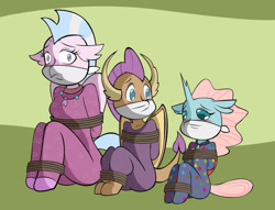 Size: 1280x976 | Tagged: safe, artist:reimon-master-ii, ocellus, silverstream, smolder, changeling, dragon, hippogriff, anthro, g4, bondage, bound and gagged, bound wings, cloth gag, clothes, cute, footed sleeper, footie pajamas, gag, help us, jewelry, looking at someone, necklace, nightgown, onesie, over the nose gag, pajamas, sad, scared, sitting, smolderbetes, tied up, wings, worried