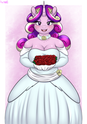 Size: 2500x3557 | Tagged: safe, artist:an-tonio, princess cadance, alicorn, anthro, canterlot wedding 10th anniversary, g4, bouquet, breasts, busty princess cadance, cleavage, clothes, dress, female, flower, high res, looking at you, open mouth, open smile, rose, smiling, solo, wedding dress