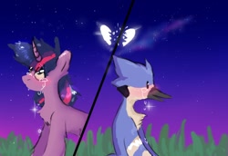 Size: 778x534 | Tagged: safe, artist:greatsunflow42, twilight sparkle, bird, blue jay, pony, unicorn, anthro, g4, aeroplanes and meteor showers, anthro with ponies, crossover, crossover shipping, duo, female, male, meme, mordecai, mordetwi, redraw mordetwi meme, regular show, shipping, straight, unicorn twilight
