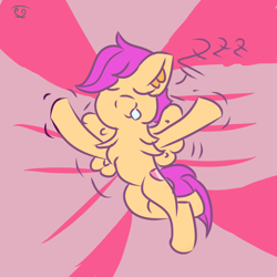 Size: 2000x2000 | Tagged: safe, artist:papacruda09, scootaloo, pegasus, pony, g4, abstract background, cute, cutealoo, eyes closed, happy, high res, onomatopoeia, scootaloo can fly, sleeping, sleepwalking, sneezing, solo, sound effects, zzz