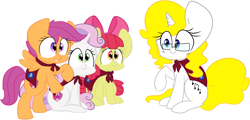 Size: 3537x1696 | Tagged: safe, artist:songheartva, apple bloom, scootaloo, sweetie belle, oc, oc:songheart, earth pony, pegasus, pony, unicorn, g4, 2016, cape, clothes, cmc cape, cutie mark crusaders, female, filly, foal, glasses, mare, simple background, white background