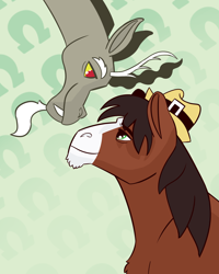 Size: 2400x3000 | Tagged: safe, discord, trouble shoes, draconequus, earth pony, pony, g4, crack shipping, duo, duo male, eyebrows, eyebrows visible through hair, fedora, gay, hat, high res, looking at each other, looking at someone, male, shipping, smiling, smiling at each other, stallion