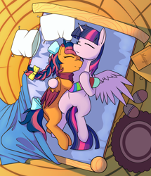 Size: 2750x3200 | Tagged: safe, artist:dacaoo, twilight sparkle, oc, oc:solar comet, alicorn, pegasus, pony, g4, bed, book, bow, canon x oc, clothes, commission, cuddling, disguised changedling, eyelashes, eyes closed, female, femboy, high res, male, mare, sleeping, socks, stallion, straight, striped socks, tail, tail bow, trap, twilight sparkle (alicorn)