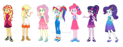 Size: 1600x613 | Tagged: safe, artist:rnskies, artist:selenaede, applejack, fluttershy, pinkie pie, rainbow dash, rarity, sci-twi, sunset shimmer, twilight sparkle, human, equestria girls, equestria girls specials, g4, my little pony equestria girls: better together, my little pony equestria girls: spring breakdown, feet, female, hand on hip, humane five, humane seven, humane six, obtrusive watermark, open mouth, open smile, peace sign, signature, simple background, smiling, transparent background, watermark