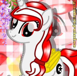 Size: 719x717 | Tagged: safe, oc, oc:sinar bulan indonesia, alicorn, pony, alicorn oc, colored wings, flower, hair tie, horn, indonesia, light skin, smiling, solo, watermark, wings