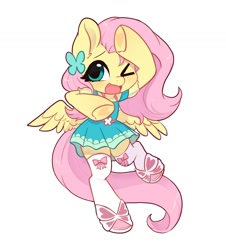 Size: 1344x1490 | Tagged: safe, artist:oofycolorful, fluttershy, pegasus, semi-anthro, g4, arm hooves, clothes, cute, dress, equestria girls outfit, female, fluttershy boho dress, mare, needy girl overdose, needy streamer overload, one eye closed, open mouth, shyabetes, simple background, skirt, socks, solo, spread wings, thigh highs, weapons-grade cute, white background, wings