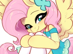 Size: 1440x1080 | Tagged: safe, artist:oofycolorful, fluttershy, pegasus, pony, semi-anthro, g4, arm hooves, blushing, clothes, cute, daaaaaaaaaaaw, dress, equestria girls outfit, female, fluttershy boho dress, looking at you, shyabetes, simple background, sitting, skirt, smiling, socks, solo, spread wings, thigh highs, weapons-grade cute, white background, wings