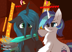 Size: 1800x1309 | Tagged: safe, artist:grithcourage, queen chrysalis, shining armor, alicorn, pony, unicorn, canterlot wedding 10th anniversary, g4, adorable face, cute, diamond sword, duo, duo male and female, female, forgiveness, health bars, male, minecraft, nether (minecraft), sword, weapon