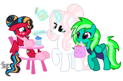 Size: 2479x1640 | Tagged: safe, artist:mommymidday, oc, oc:mommy midday, oc:starshine twinkle, pegasus, pony, blushing, commission, diaper, diaper fetish, fetish, mouth hold, non-baby in diaper, show accurate, simple background, transparent background, trio, windblade