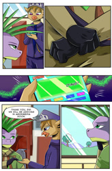 Size: 724x1103 | Tagged: safe, artist:candyclumsy, spike, oc, dragon, griffon, comic:revolution of harmony, g4, griffon oc, nervous, older, older spike, scenery