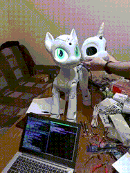 Size: 324x432 | Tagged: safe, sweetie belle, human, pony, robot, robot pony, sweetie bot project, g4, animated, computer, gif, irl, laptop computer, looking at you, photo, proto3, sweetie bot, table, technology