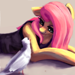 Size: 1382x1382 | Tagged: safe, artist:rainsketch, fluttershy, bird, semi-anthro, g4, arm hooves, clothes, looking at something, lying down, one ear down, solo