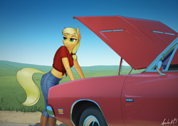 Size: 4961x3508 | Tagged: safe, artist:apocheck13, applejack, earth pony, anthro, plantigrade anthro, g4, absurd file size, absurd resolution, boots, breasts, busty applejack, car, clothes, dodge (car), dodge charger, female, jeans, legs together, mare, mechanic, mopar, pants, reasonably sized breasts, shoes, signature, solo