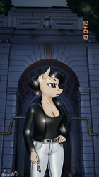 Size: 1400x2500 | Tagged: safe, alternate version, artist:apocheck13, oc, oc:elya, earth pony, anthro, arch, belt, breasts, cleavage, clothes, earth pony oc, female, jacket, jeans, keychain, leather jacket, looking away, pants, reasonably sized breasts, solo