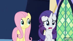 Size: 640x360 | Tagged: safe, screencap, fluttershy, rarity, pegasus, pony, unicorn, a matter of principals, g4, season 8, animated, duo, eyes closed, faint, female, gif, gifs.com, mare, marshmelodrama, nose in the air, open mouth, rarity being rarity, twilight's castle