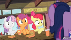Size: 640x360 | Tagged: safe, screencap, apple bloom, scootaloo, sweetie belle, twilight sparkle, alicorn, earth pony, pegasus, pony, unicorn, g4, season 4, twilight time, :i, :o, animated, apple bloom's bow, bow, burger, cutie mark crusaders, duckface, female, filly, foal, food, gif, gifs.com, grin, hair bow, hay burger, hug, kissy face, mare, open mouth, smiling, spread wings, twilight sparkle (alicorn), wings