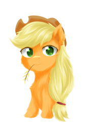 Size: 1756x2300 | Tagged: safe, artist:silky soya, applejack, earth pony, pony, g4, cute, ear fluff, fluffy, looking at you, simple background, solo, straw in mouth, white background