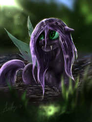 Size: 3000x4000 | Tagged: safe, artist:andley, oc, oc only, oc:purple haze, changeling, hybrid, blank flank, cute, fangs, female, grass, mare, purple changeling, river, smiling, swimming, water, wet