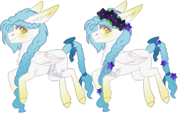 Size: 1247x796 | Tagged: safe, artist:dilfistic, oc, oc only, pegasus, pony, duo, eyelashes, female, floral head wreath, flower, mare, pegasus oc, simple background, smiling, transparent background, wings