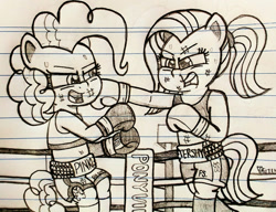 Size: 1280x984 | Tagged: safe, artist:ct1443ae, fluttershy, pinkie pie, earth pony, pegasus, semi-anthro, g4, badass, boxing, boxing gloves, boxing ring, flutterbadass, lined paper, pencil drawing, sports, traditional art