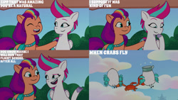 Size: 1280x720 | Tagged: safe, edit, edited screencap, editor:quoterific, screencap, mcsnips-a-lot, sunny starscout, zipp storm, bird, crab, earth pony, pegasus, pony, seagull, g5, my little pony: tell your tale, zipp's flight school, spoiler:g5, spoiler:my little pony: tell your tale, spoiler:tyts01e02, cloud, eyes closed, female, flying, mane stripe sunny, mare, open mouth, open smile, smiling, text, wings
