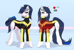 Size: 1280x872 | Tagged: safe, artist:meggychocolatka, oc, oc only, earth pony, pony, clothes, concave belly, duo, ear piercing, earth pony oc, eyelashes, female, mare, piercing, thin