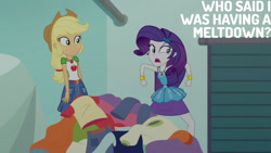 Size: 1280x720 | Tagged: safe, edit, edited screencap, editor:quoterific, screencap, applejack, rarity, human, equestria girls, equestria girls specials, g4, my little pony equestria girls: better together, my little pony equestria girls: rollercoaster of friendship, applejack's hat, belt, bracelet, clothes, cowboy hat, cutie mark on clothes, denim shorts, duo, duo female, female, geode of shielding, geode of super strength, hairpin, hat, jewelry, magical geodes, open mouth, rarity peplum dress, shorts, text