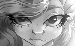 Size: 1280x790 | Tagged: safe, artist:meggychocolatka, oc, oc only, pony, bust, eyelashes, female, grayscale, mare, monochrome, smiling, solo