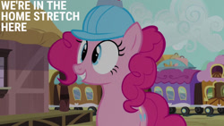 Size: 1280x720 | Tagged: safe, edit, edited screencap, editor:quoterific, screencap, pinkie pie, earth pony, pony, g4, mmmystery on the friendship express, season 2, female, friendship express, grin, helmet, mare, smiling, solo, text, train, train station