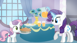 Size: 1280x720 | Tagged: safe, artist:mlplary6, rarity, sweetie belle, pony, unicorn, g4, belle sisters, breakfast, drink, drinking glass, duo, duo female, egg (food), female, filly, flower, flower pot, foal, food, fried egg, glass, juice, mare, orange juice, pie, plate, siblings, sisters, smiling