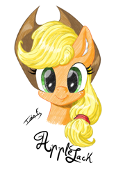 Size: 2481x3508 | Tagged: safe, artist:memprices, applejack, earth pony, pony, g4, applebetes, bust, clip studio paint, cute, high res, looking at you, pencil, pencil drawing, portrait, signature, simple background, smiling, solo, traditional art, white background