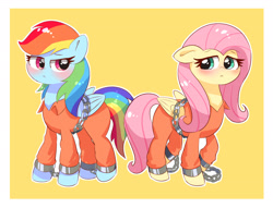 Size: 3088x2364 | Tagged: safe, artist:leo19969525, fluttershy, rainbow dash, pegasus, pony, g4, blushing, chains, clothes, commission, duo, duo female, female, frown, hair, high res, mare, multicolored hair, never doubt rainbowdash69's involvement, pink hair, pink tail, prison outfit, prisoner, prisoner fs, prisoner rd, rainbow hair, rainbow tail, simple background, tail, wings, yellow background