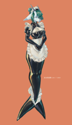 Size: 3157x5425 | Tagged: safe, artist:龙宠, oc, oc:shanher, dragon, mermaid, anthro, absurd resolution, apron, big breasts, breasts, clothes, corset, dragoness, dress, eyes closed, eyeshadow, female, fins, fish tail, gloves, lace, latex, latex suit, maid, maid headdress, makeup, mermaid tail, solo, tail