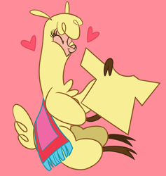 Size: 1570x1659 | Tagged: safe, artist:nonameorous, paprika (tfh), alpaca, them's fightin' herds, clothes, cloven hooves, community related, cute, eyes closed, happy, heart, pink background, shirt, simple background, sitting, smiling, t-shirt, yellow