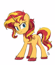 Size: 2546x3036 | Tagged: safe, artist:fanzeem, kotobukiya, sunset shimmer, pony, unicorn, g4, bunset shimmer, butt, colored hooves, female, full body, high res, hooves, horn, looking at you, looking back, looking back at you, mare, plot, simple background, solo, standing, tail, unshorn fetlocks, white background