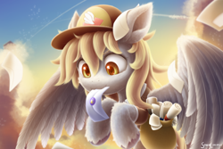 Size: 2700x1800 | Tagged: safe, artist:symbianl, derpy hooves, pegasus, pony, :3, bag, cute, derpabetes, female, flying, hat, letter, mailmare, mailmare hat, mare, mouth hold, scroll, sky, solo, spread wings, wings