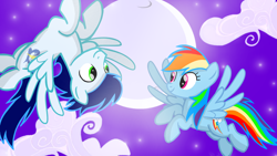 Size: 1280x720 | Tagged: safe, artist:mlplary6, rainbow dash, soarin', pegasus, pony, g4, boyfriend and girlfriend, cloud, female, flying, looking at each other, male, mare, moon, night, ship:soarindash, shipping, smiling, smiling at each other, stallion, straight