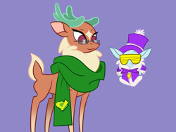 Size: 2000x1500 | Tagged: safe, artist:nonameorous, cap (tfh), cashmere (tfh), deer, reindeer, winter sprite, them's fightin' herds, blue background, bowtie, clothes, coat, community related, duo, female, glasses, hat, lavender background, male, scarf, simple background, smiling, top hat