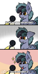 Size: 1200x2300 | Tagged: safe, artist:okopod, oc, oc only, oc:scrimmy, bat pony, pony, 3 panel comic, :p, are you aware you are a pony, bat pony oc, bat wings, comic, cute, ear fluff, fangs, folded wings, gray coat, heterochromia, meme, microphone, ponified animal photo, scared, simple background, smiling, solo, stars, text, tongue out, wings