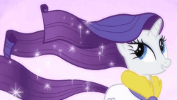 Size: 715x404 | Tagged: safe, edit, editor:php178, screencap, rarity, pony, unicorn, g4, interseason shorts, rarity's biggest fan, animated, bathrobe, clothes, ethereal mane, ethereal tail, eyelashes, female, flowing mane, gif, lidded eyes, loop, mare, open mouth, perfect loop, robe, smiling, solo, spa, sparkly background, sparkly mane, standing, tail, windswept mane