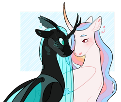 Size: 1280x1079 | Tagged: safe, artist:s0ftserve, princess celestia, queen chrysalis, alicorn, changeling, changeling queen, pony, canterlot wedding 10th anniversary, g4, alternate design, blue blush, blushing, curved horn, female, headcanon in the description, horn, lesbian, looking at each other, looking at someone, simple background, transparent background