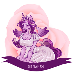 Size: 3000x3000 | Tagged: safe, artist:demamro, princess cadance, alicorn, anthro, g4, big breasts, breasts, cleavage, clothes, dress, heart, high res, lidded eyes, looking at you, love, raspberry, smiling, solo, spread wings, tongue out, wings