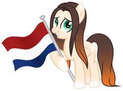 Size: 1280x946 | Tagged: safe, artist:cindystarlight, oc, oc only, oc:cindy, pegasus, pony, brown mane, colored wings, female, flag, flag waving, flagpole, folded wings, gradient mane, gradient tail, gradient wings, green eyes, grin, hoof hold, hooves, mare, netherlands, outline, pegasus oc, show accurate, simple background, smiling, solo, standing, tail, tan coat, transparent background, two toned coat, white outline, wings