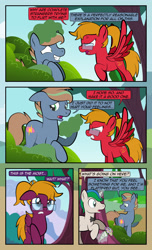 Size: 1920x3168 | Tagged: safe, artist:alexdti, oc, oc only, oc:brainstorm (alexdti), oc:purple creativity, oc:star logic, pegasus, pony, unicorn, comic:quest for friendship, angry, bouquet, bowtie, butt, comic, cross-popping veins, dialogue, ears back, eye contact, female, floppy ears, flower, folded wings, glasses, glowing, glowing horn, grin, gritted teeth, high res, hoof hold, hooves, horn, looking at each other, looking at someone, looking away, magic, male, mare, narrowed eyes, nervous, nervous smile, open mouth, outdoors, pegasus oc, plot, ponytail, raised eyebrow, raised hoof, red face, shrunken pupils, smiling, speech bubble, spread wings, stallion, standing, teeth, telekinesis, two toned mane, unicorn oc, wall of tags, wings