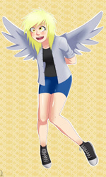 Size: 1897x3162 | Tagged: safe, artist:ioriyokusa01, derpy hooves, human, g4, 2017, blushing, clothes, converse, female, high res, humanized, open mouth, open smile, shoes, shorts, smiling, sneakers, solo, spread wings, winged humanization, wings