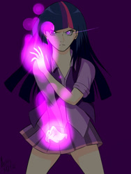 Size: 1200x1600 | Tagged: safe, artist:ioriyokusa01, twilight sparkle, human, g4, 2016, anime style, female, frown, glowing, glowing hands, humanized, purple background, signature, simple background, solo