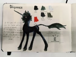 Size: 1600x1200 | Tagged: safe, artist:hrabiadeblacksky, oc, oc only, oc:uniqueness, classical unicorn, pony, unicorn, black coat, cloven hooves, cutie mark, dark, ear fluff, horn, leonine tail, long horn, long tail, marker, paper, photo, red and black oc, red eyes, reference sheet, simple background, tail, traditional art, unicorn oc, unshorn fetlocks, white background