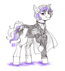 Size: 2048x2236 | Tagged: safe, artist:karamboll, oc, oc:caramel mirage, pony, unicorn, cape, clothes, commission, curly hair, high res, male, military uniform, sketch, solo, uniform